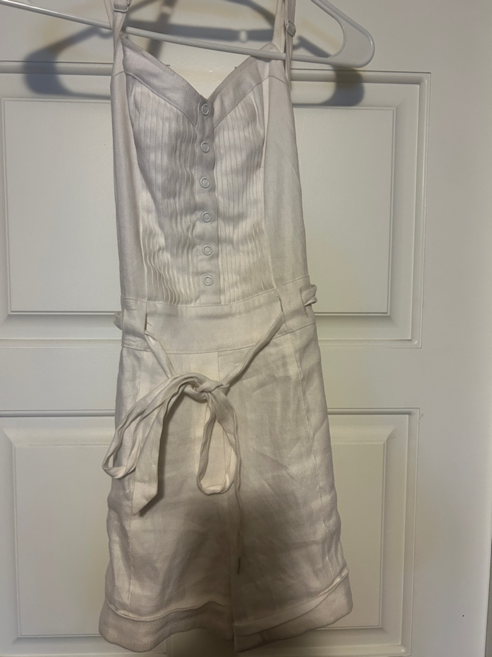 bebe Cream Button-Front Linen Romper with Tie Waist